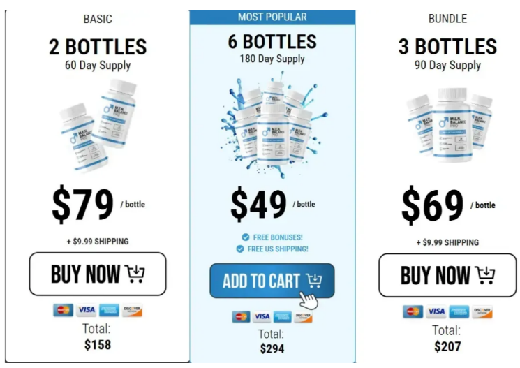 Men Balance Pro pricing: 2 bottles $79, 6 bottles $49 each, 3 bottles $69 each